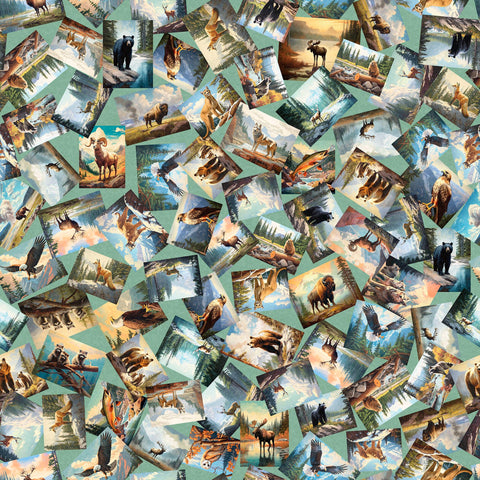 SALE On The Road Again Animal Postcards 30739 Seafoam H - by QT Fabrics - Forest Animals - Quilting Cotton Fabric