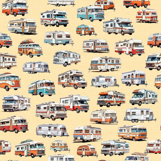 SALE On The Road Again RV's 30740 Banana S - QT Fabrics - Campers Motorhomes Camping Travel - Quilting Cotton Fabric