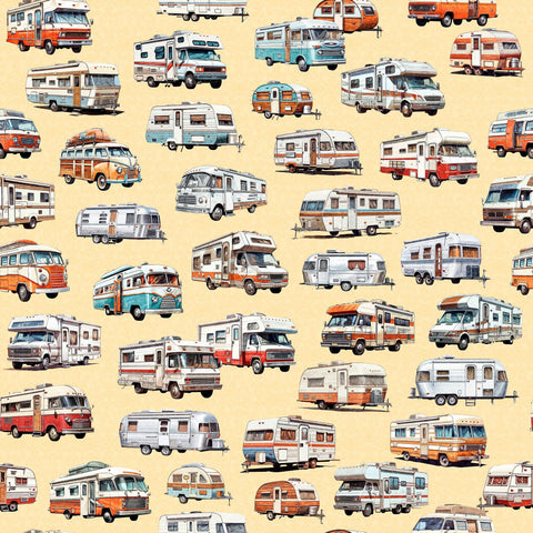 SALE On The Road Again RV's 30740 Banana S - by QT Fabrics - Campers Motorhomes Camping Travel - Quilting Cotton Fabric