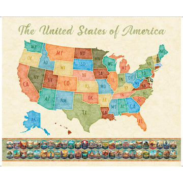 On The Road Again US Map Panel 30737 Multi X - QT Fabrics - National Parks States - Quilting Cotton Fabric