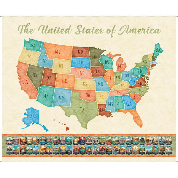 On The Road Again US Map Panel 30737 Multi X - by QT Fabrics - National Parks States - Quilting Cotton Fabric