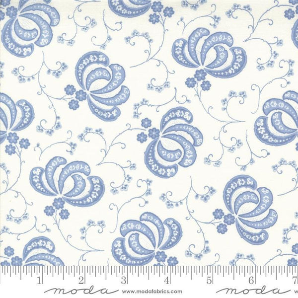 Image of the Hollyhocks Roses Bloom Jasmine Sky quilting cotton fabric by Moda Fabrics. Features flowers and leaves on a cream background. 
Cute Little Fabric Shop