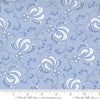 Image of the Hollyhocks Roses Bloom Sky quilting cotton fabric by Moda Fabrics. Features flowers and leaves on a blue lavendar background. 
Cute Little Fabric Shop