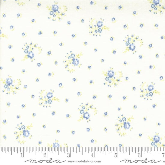 Image of the Hollyhocks Roses Little Roses Jasmine Sky quilting cotton fabric by Moda Fabrics. Features small roses on a cream background. 
Cute Little Fabric Shop