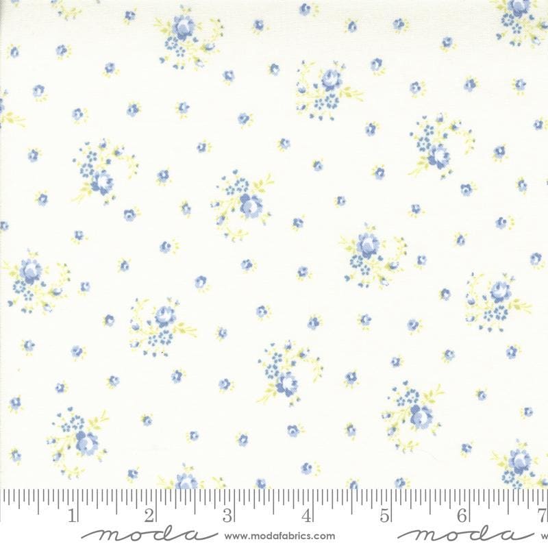 Image of the Hollyhocks Roses Little Roses Jasmine Sky quilting cotton fabric by Moda Fabrics. Features small roses on a cream background. 
Cute Little Fabric Shop