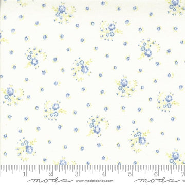 Image of the Hollyhocks Roses Little Roses Jasmine Sky quilting cotton fabric by Moda Fabrics. Features small roses on a cream background. 
Cute Little Fabric Shop
