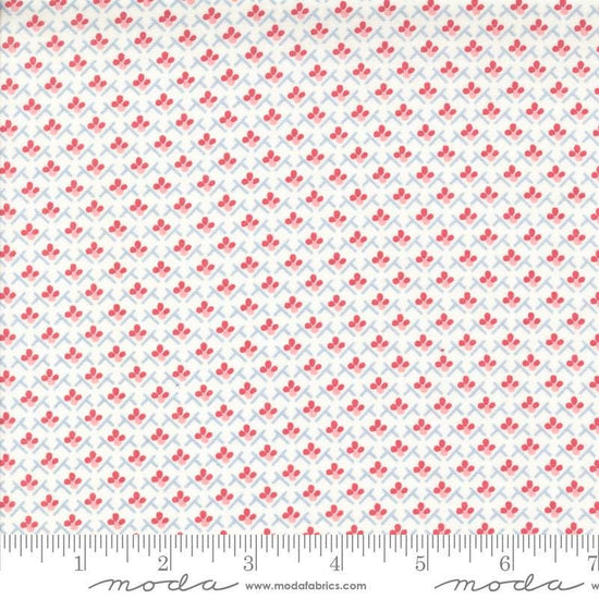 Image of the Hollyhocks Roses Trellis Jasmine quilting cotton fabric by Moda Fabrics. Features small roses in a geometric pattern on a cream background. 
Cute Little Fabric Shop