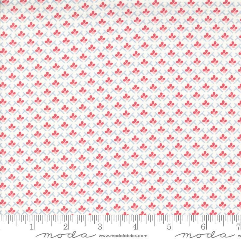 Image of the Hollyhocks Roses Trellis Jasmine quilting cotton fabric by Moda Fabrics. Features small roses in a geometric pattern on a cream background. 
Cute Little Fabric Shop