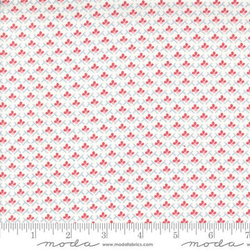 Image of the Hollyhocks Roses Trellis Jasmine quilting cotton fabric by Moda Fabrics. Features small roses in a geometric pattern on a cream background. 
Cute Little Fabric Shop