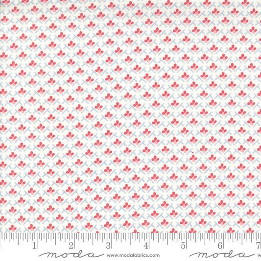 Image of the Hollyhocks Roses Trellis Jasmine quilting cotton fabric by Moda Fabrics. Features small roses in a geometric pattern on a cream background. 
Cute Little Fabric Shop