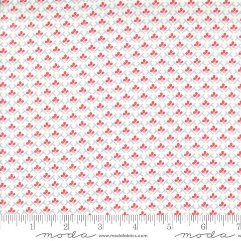 Image of the Hollyhocks Roses Trellis Jasmine quilting cotton fabric by Moda Fabrics. Features small roses in a geometric pattern on a cream background. 
Cute Little Fabric Shop