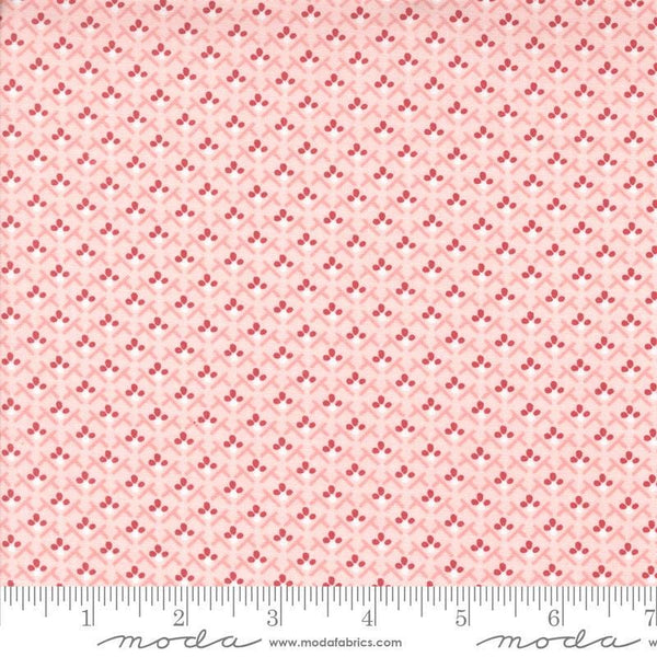Image of the Hollyhocks Roses Trellis Hollyhock Pink quilting cotton fabric by Moda Fabrics. Features small roses in a geometric pattern on a pink background. 
Cute Little Fabric Shop
