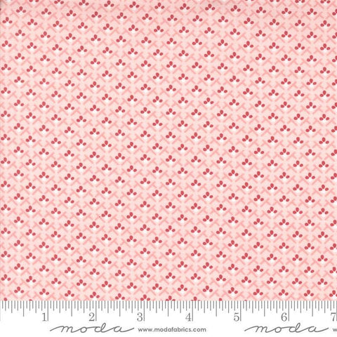 Image of the Hollyhocks Roses Trellis Hollyhock Pink quilting cotton fabric by Moda Fabrics. Features small roses in a geometric pattern on a pink background. 
Cute Little Fabric Shop