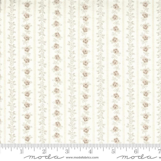 Image of the Hollyhocks Roses Stripe Linen quilting cotton fabric by Moda Fabrics. Features striped roses on a cream background. 
Cute Little Fabric Shop