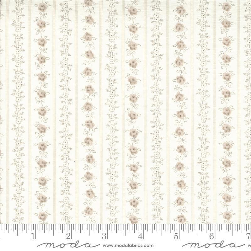 Image of the Hollyhocks Roses Stripe Linen quilting cotton fabric by Moda Fabrics. Features striped roses on a cream background. 
Cute Little Fabric Shop