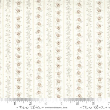Image of the Hollyhocks Roses Stripe Linen quilting cotton fabric by Moda Fabrics. Features striped roses on a cream background. 
Cute Little Fabric Shop