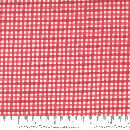 Image of the Hollyhocks Roses PRINTED Gingham Geranium Red quilting cotton fabric by Moda Fabrics. Features gingham stripes on a red pink background. 
Cute Little Fabric Shop