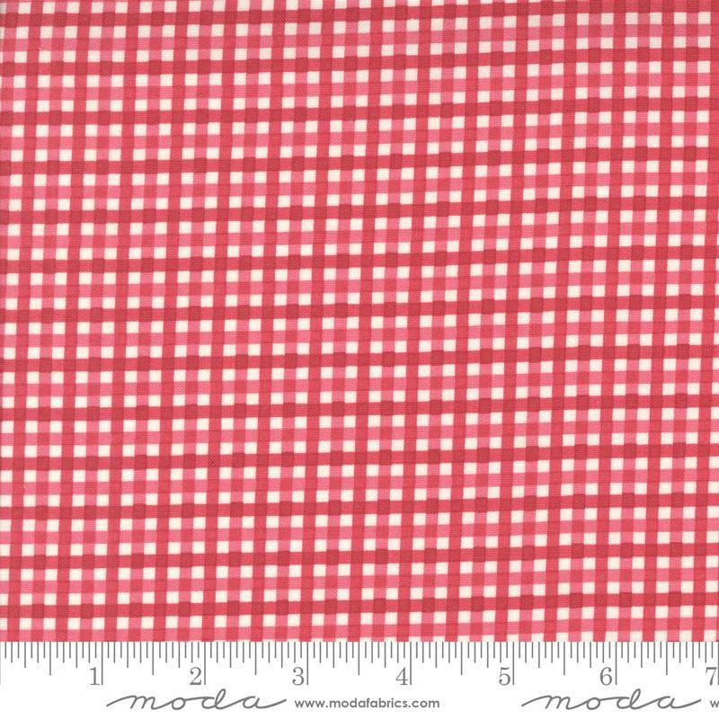 Image of the Hollyhocks Roses PRINTED Gingham Geranium Red quilting cotton fabric by Moda Fabrics. Features gingham stripes on a red pink background. 
Cute Little Fabric Shop