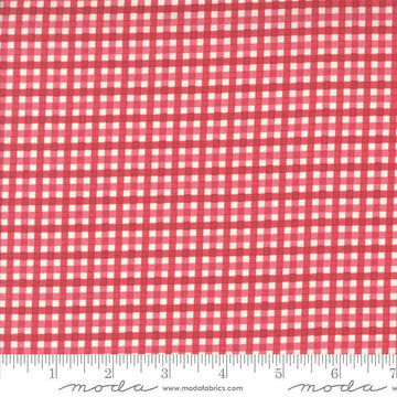 Image of the Hollyhocks Roses PRINTED Gingham Geranium Red quilting cotton fabric by Moda Fabrics. Features gingham stripes on a red pink background. 
Cute Little Fabric Shop