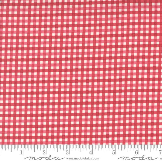 Image of the Hollyhocks Roses PRINTED Gingham Geranium Red quilting cotton fabric by Moda Fabrics. Features gingham stripes on a red pink background. 
Cute Little Fabric Shop