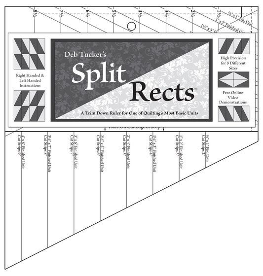Image of the Deb Ticker's Split Rects plastic ruler tool by QT Fabrics. Features a triangle pattern ruler.
Cute Little Fabric Shop