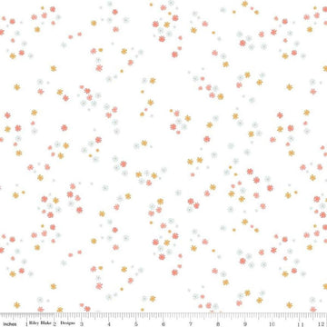 Image of the Between the Pages Flowers White quilting cotton fabric by Fran Gulick for Riley Blake Designs. Features scattered small flowers on a white background. 
Cute Little Fabric Shop