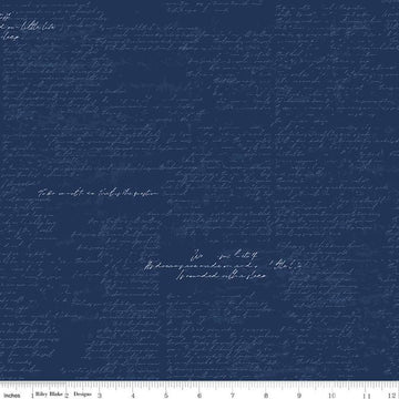 Image of the Between the Pages Manuscript Navy quilting cotton fabric by Fran Gulick for Riley Blake Designs. Features cursive manuscript on a dark blue background. 
Cute Little Fabric Shop