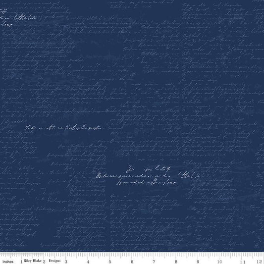 Image of the Between the Pages Manuscript Navy quilting cotton fabric by Fran Gulick for Riley Blake Designs. Features cursive manuscript on a dark blue background. 
Cute Little Fabric Shop