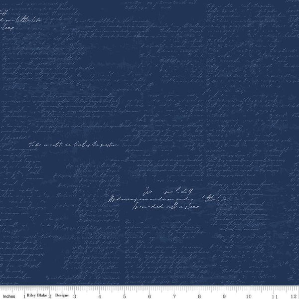 Image of the Between the Pages Manuscript Navy quilting cotton fabric by Fran Gulick for Riley Blake Designs. Features cursive manuscript on a dark blue background. 
Cute Little Fabric Shop