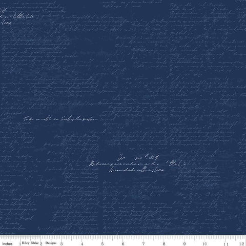 Image of the Between the Pages Manuscript Navy quilting cotton fabric by Fran Gulick for Riley Blake Designs. Features cursive manuscript on a dark blue background. 
Cute Little Fabric Shop