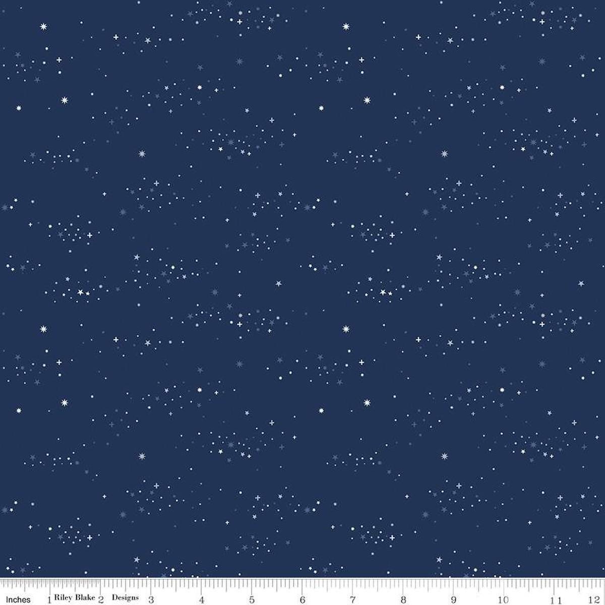 Image of the Between the Pages Starlight Navy quilting cotton fabric by Fran Gulick for Riley Blake Designs. Features small scattered stars on a dark blue background. 
Cute Little Fabric Shop