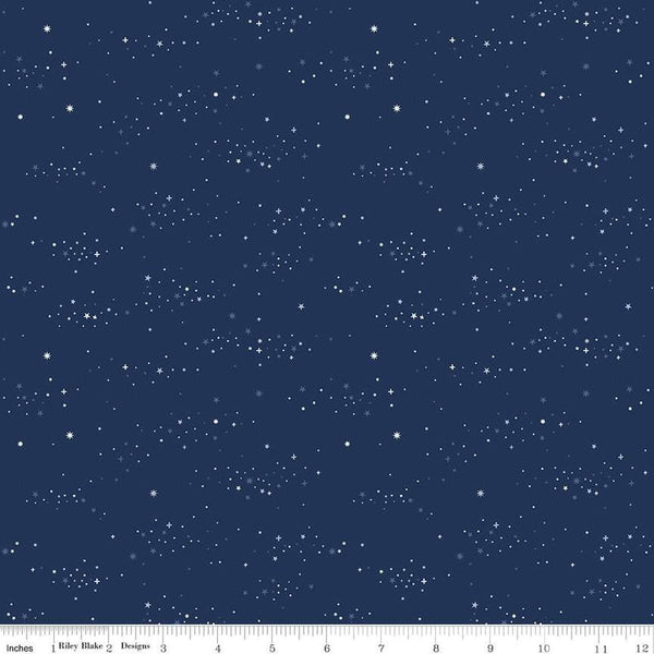 Image of the Between the Pages Starlight Navy quilting cotton fabric by Fran Gulick for Riley Blake Designs. Features small scattered stars on a dark blue background. 
Cute Little Fabric Shop
