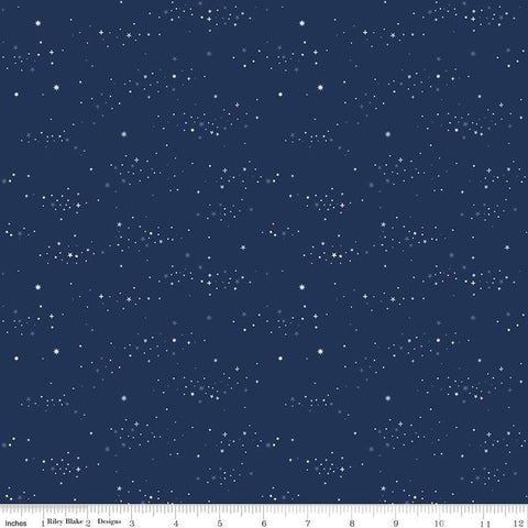 Image of the Between the Pages Starlight Navy quilting cotton fabric by Fran Gulick for Riley Blake Designs. Features small scattered stars on a dark blue background. 
Cute Little Fabric Shop