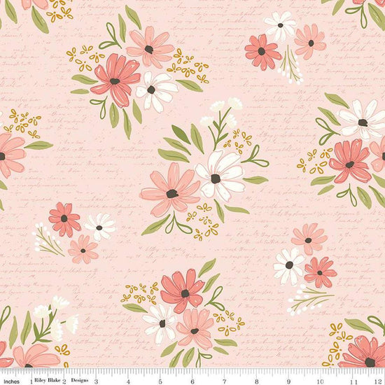 Image of the Between the Pages Main Ballerina quilting cotton fabric by Fran Gulick for Riley Blake Designs. Features clusters of flowers and tone-on-tone text on a light pink background. 
Cute Little Fabric Shop