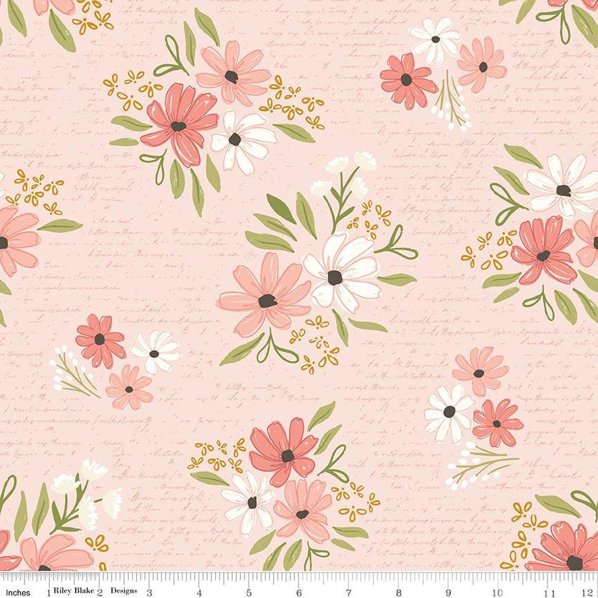 Image of the Between the Pages Main Ballerina quilting cotton fabric by Fran Gulick for Riley Blake Designs. Features clusters of flowers and tone-on-tone text on a light pink background. 
Cute Little Fabric Shop