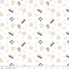 Image of the Between the Pages Bookish Life White
 quilting cotton fabric by Fran Gulick for Riley Blake Designs. Features tossed books, flowers, dots, paper clips, and glasses on a white background. 
Cute Little Fabric Shop
