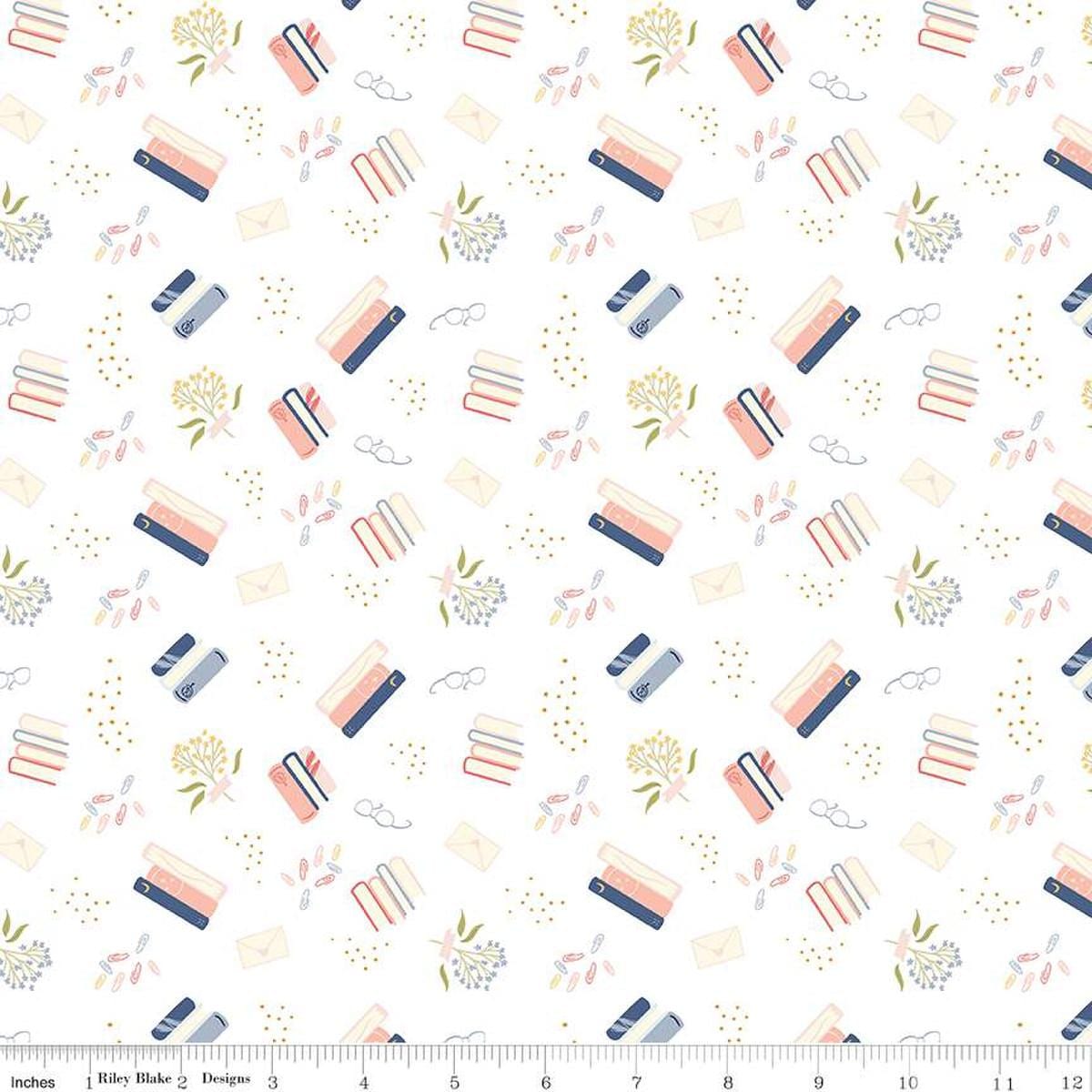 Image of the Between the Pages Bookish Life White
 quilting cotton fabric by Fran Gulick for Riley Blake Designs. Features tossed books, flowers, dots, paper clips, and glasses on a white background. 
Cute Little Fabric Shop