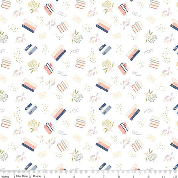 Image of the Between the Pages Bookish Life White
 quilting cotton fabric by Fran Gulick for Riley Blake Designs. Features tossed books, flowers, dots, paper clips, and glasses on a white background. 
Cute Little Fabric Shop