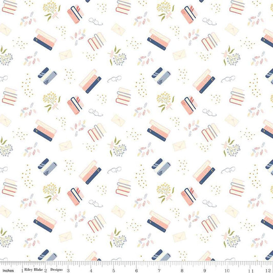 Image of the Between the Pages Bookish Life White
 quilting cotton fabric by Fran Gulick for Riley Blake Designs. Features tossed books, flowers, dots, paper clips, and glasses on a white background. 
Cute Little Fabric Shop