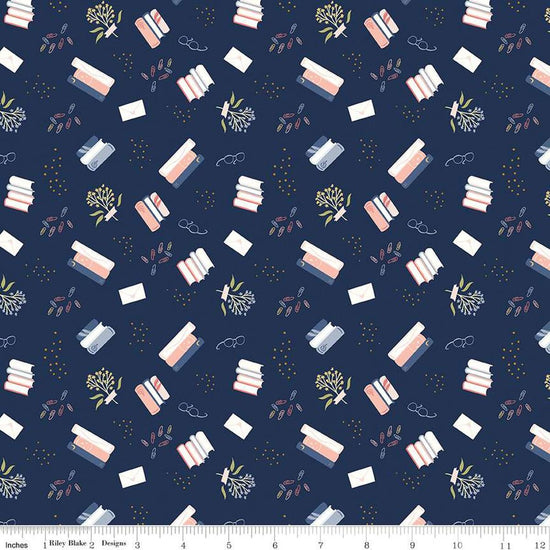 Image of the Between the Pages Bookish Life Navy
 quilting cotton fabric by Fran Gulick for Riley Blake Designs. Features tossed books, flowers, dots, paper clips, and glasses on a dark blue background. 
Cute Little Fabric Shop
