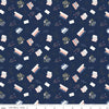 Image of the Between the Pages Bookish Life Navy
 quilting cotton fabric by Fran Gulick for Riley Blake Designs. Features tossed books, flowers, dots, paper clips, and glasses on a dark blue background. 
Cute Little Fabric Shop