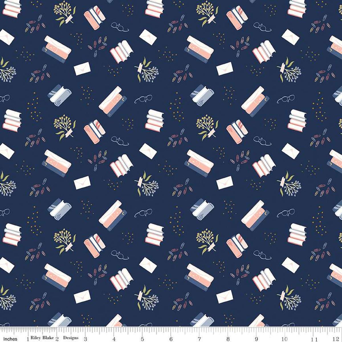 Image of the Between the Pages Bookish Life Navy
 quilting cotton fabric by Fran Gulick for Riley Blake Designs. Features tossed books, flowers, dots, paper clips, and glasses on a dark blue background. 
Cute Little Fabric Shop