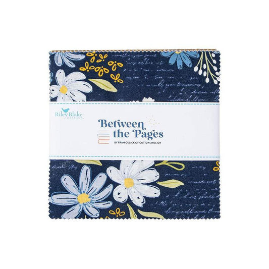 Image of the Between the Pages 5 inch Stacker by Fran Gulick for Riley Blake Designs. Features flower and book themed fabrics. 
Cute Little Fabric Shop