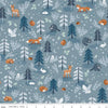 Image of the Twilight Creatures Main Storm
 quilting cotton fabric by Natàlia Juan Abelló for Riley Blake Designs. Features scattered trees, animals, stars, moons, and mushrooms on a gray blue background. 
Cute Little Fabric Shop