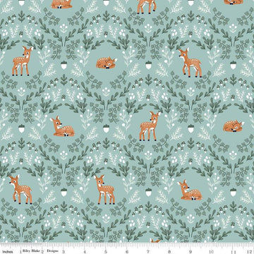 Image of the Twilight Creatures Wild Fawns Songbird quilting cotton fabric by Natàlia Juan Abelló for Riley Blake Designs. Features a damask pattern with deer, leaves, acorns, and mushrooms on a light aqua green background. 
Cute Little Fabric Shop