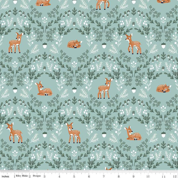 Image of the Twilight Creatures Wild Fawns Songbird quilting cotton fabric by Natàlia Juan Abelló for Riley Blake Designs. Features a damask pattern with deer, leaves, acorns, and mushrooms on a light aqua green background. 
Cute Little Fabric Shop