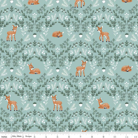 Image of the Twilight Creatures Wild Fawns Songbird quilting cotton fabric by Natàlia Juan Abelló for Riley Blake Designs. Features a damask pattern with deer, leaves, acorns, and mushrooms on a light aqua green background. 
Cute Little Fabric Shop