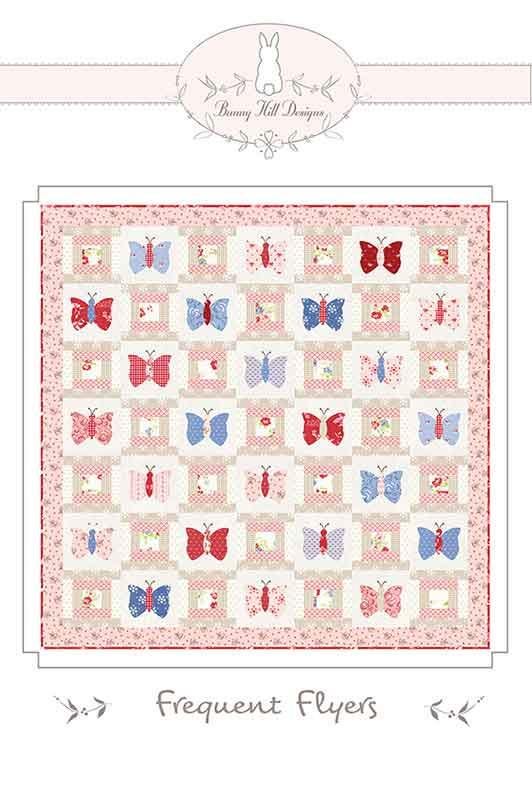 Image of the Frequent Flyers quilt pattern by Anne Sutton for Moda Fabrics. Features butterflies and pink fabrics. 
Cute Little Fabric Shop