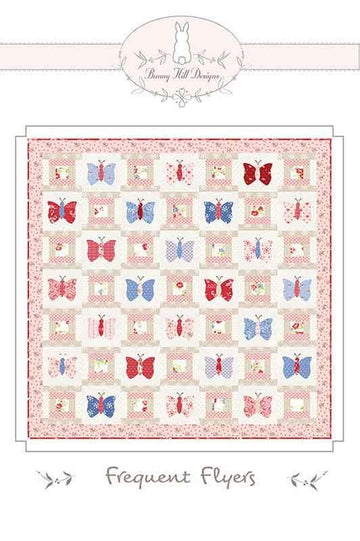 Image of the Frequent Flyers quilt pattern by Anne Sutton for Moda Fabrics. Features butterflies and pink fabrics. 
Cute Little Fabric Shop