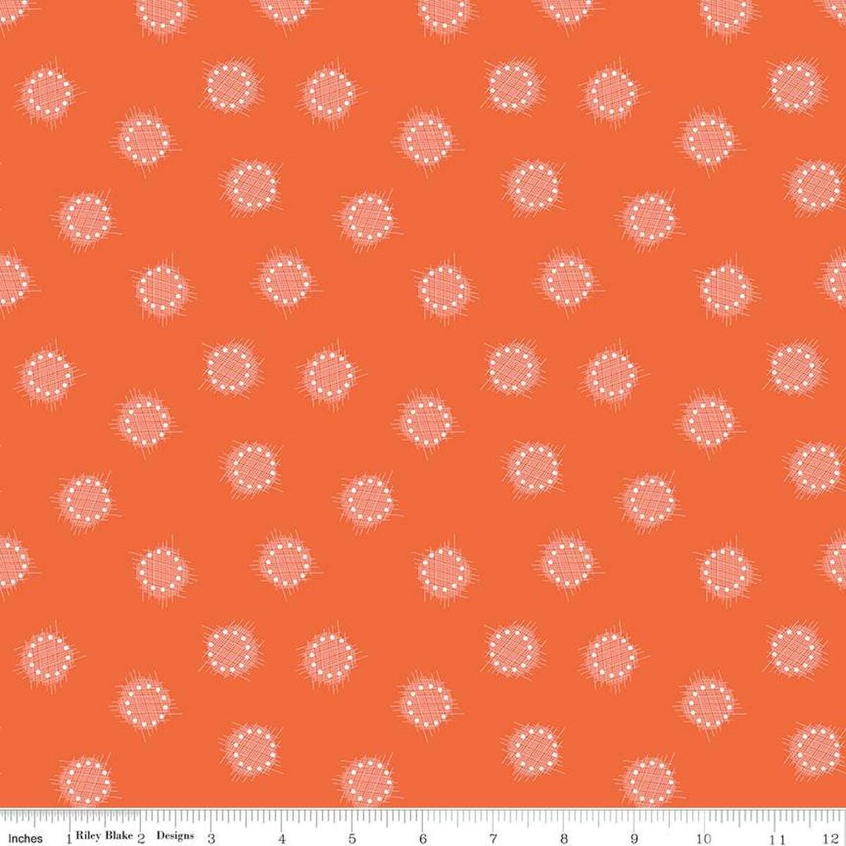 Image of the Celebrate Circles Orange quilting cotton fabric by Sue Daley for Riley Blake Designs. Features scattered crosshatch dots on a bright orange background
Cute Little Fabric Shop